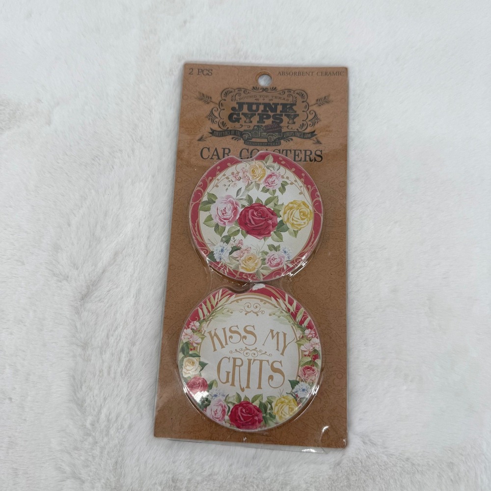 Junk Gypsy Car Coasters Kiss My‎ Grits Floral Ceramic 2pk